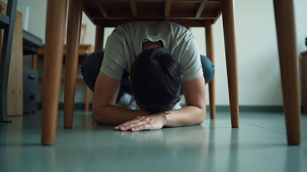 Eye-level view of a person crouched under a table during an earthquake drill