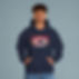 Canada-inspired hoodie in navy blue with moose, maple leaf and mountains on the design.