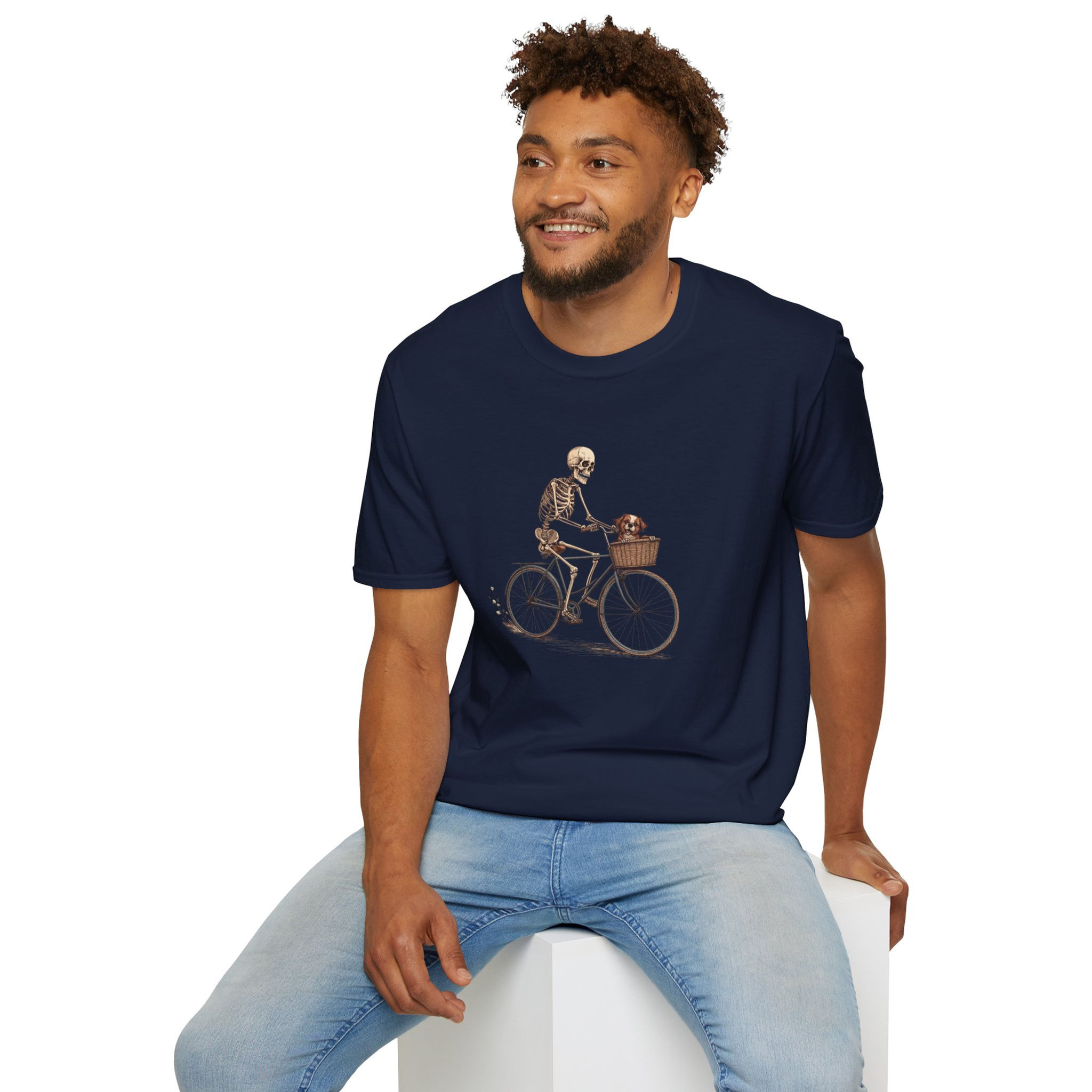 Illustration of a skeleton riding a bicycle with his little dog friend riding in front, in a basket.