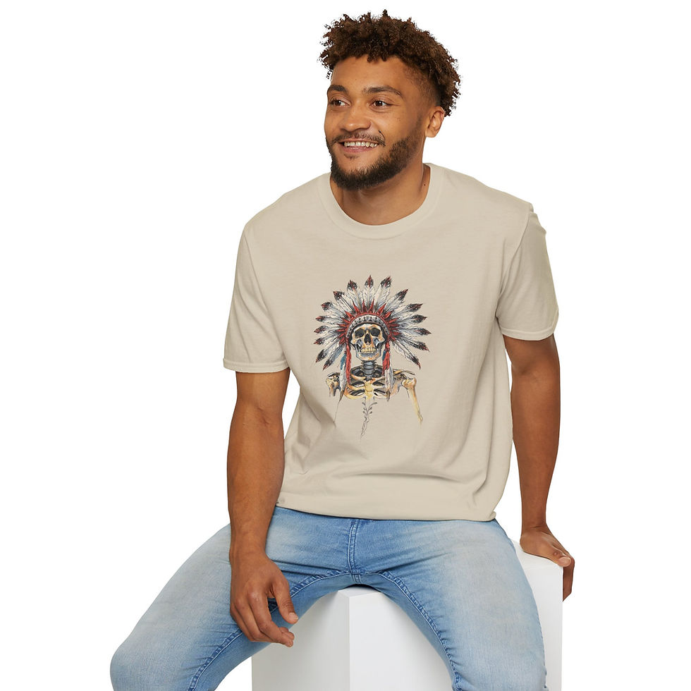 Thumbnail: This design features a striking, color illustration of a skeleton, wearing a Native American headdress. 