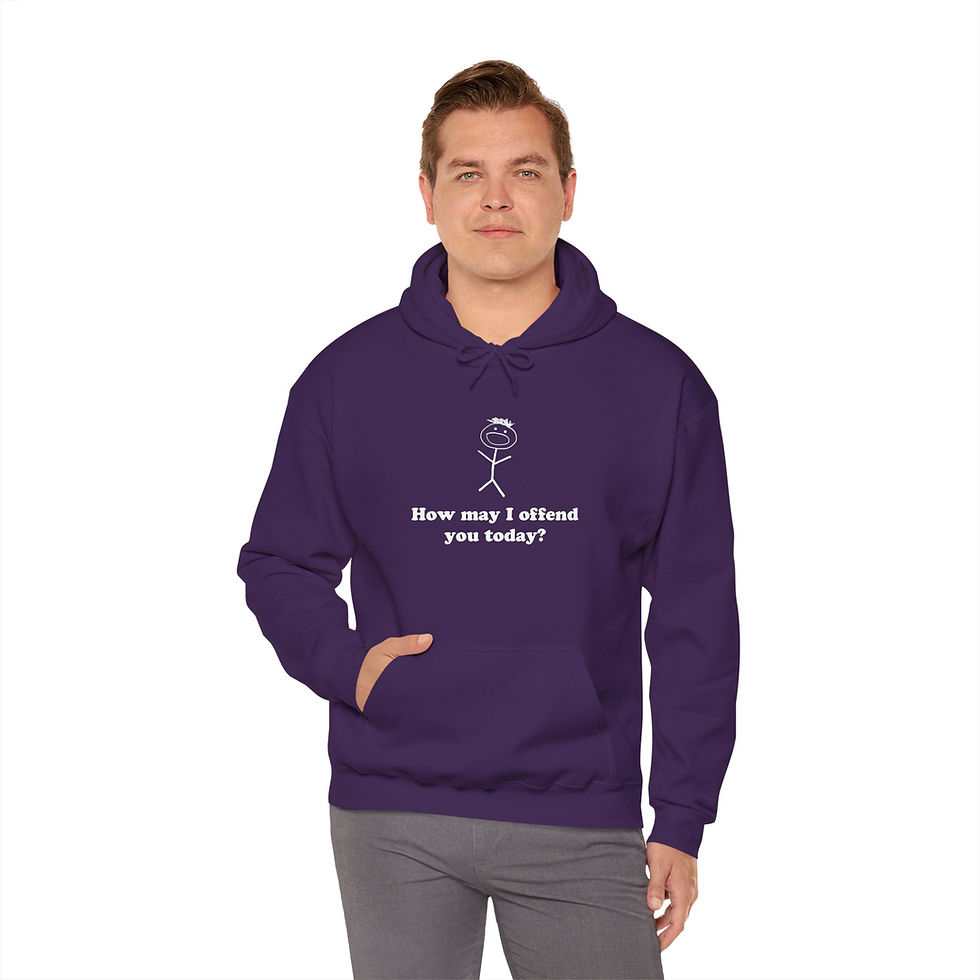 Thumbnail: A cute stick drawing(in white) of a person who appears to be shouting. Underneath the stick figure is the question, "How may I offend you today?"