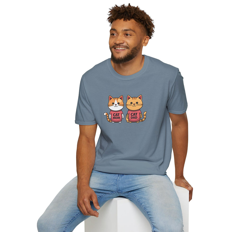 Thumbnail: Cute illustrated design of two cats next to each other, wearing shirts that read "cat mom and cat dad". 