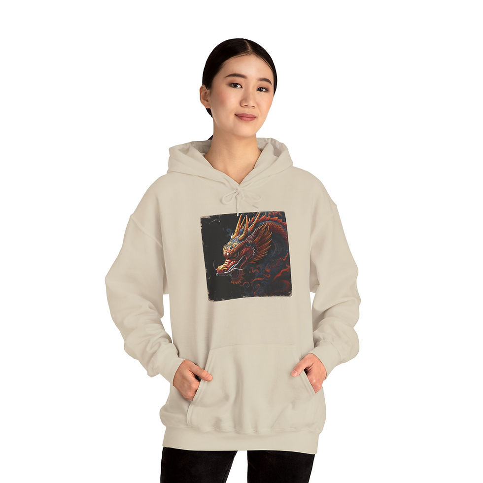 Thumbnail: Red dragon hoodie features a traditional Chinese-inspired dragon head, with frayed edges. 
