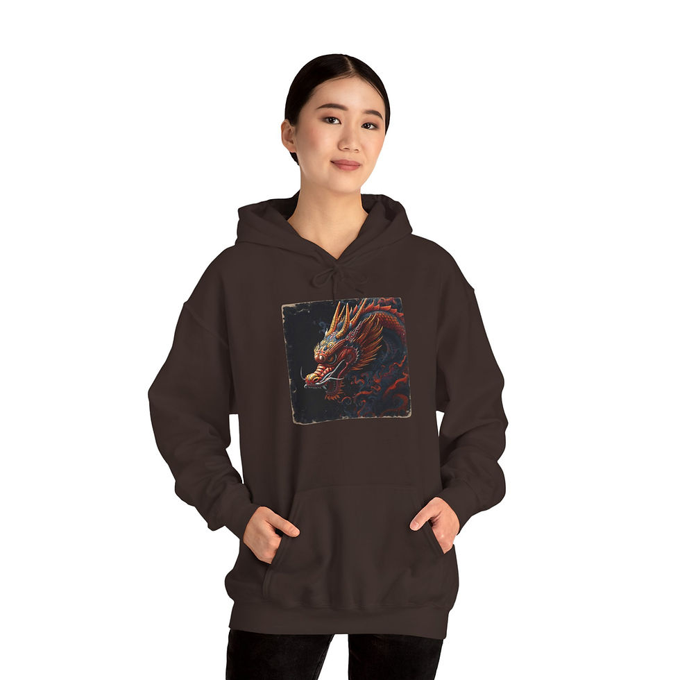 Thumbnail: Red dragon hoodie features a traditional Chinese-inspired dragon head, with frayed edges. 