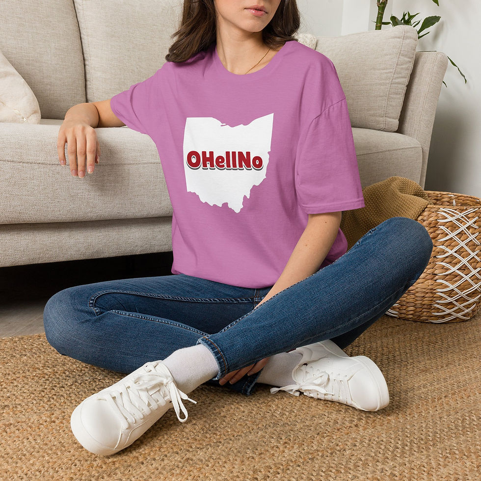 Thumbnail: Design on t-shirt featuring the white drawing of the state of Ohio, with the word "Ohellno" in red and grey inside the illustration.