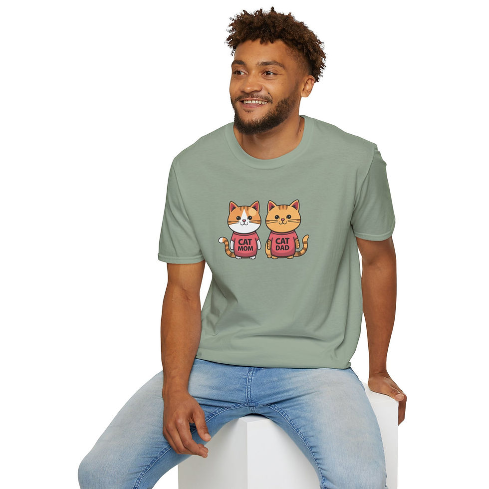Cute illustrated design of two cats next to each other, wearing shirts that read "cat mom and cat dad". 
