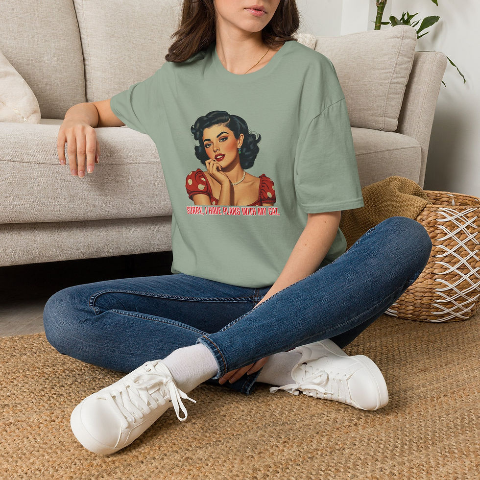 Thumbnail: Black-haired, vintage style illustration of a woman, resting her chin on her hand and with the text, "Sorry, I have plans with my cat".