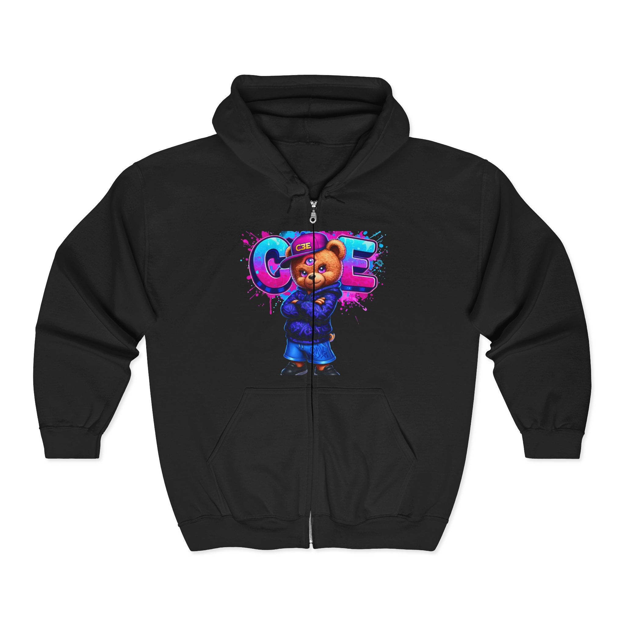 Bear Graffiti Zip Hoodie — Cute Streetwear Full‑Zip Sweatshirt