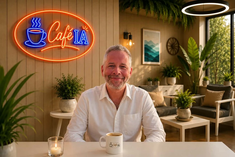 Stéphan de Café IA dans un décor chaleureux, devant le logo Café IA