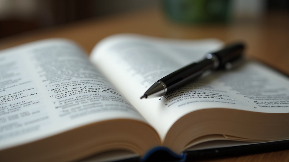 Close-up of an open Bible with highlighted verses and a pen
