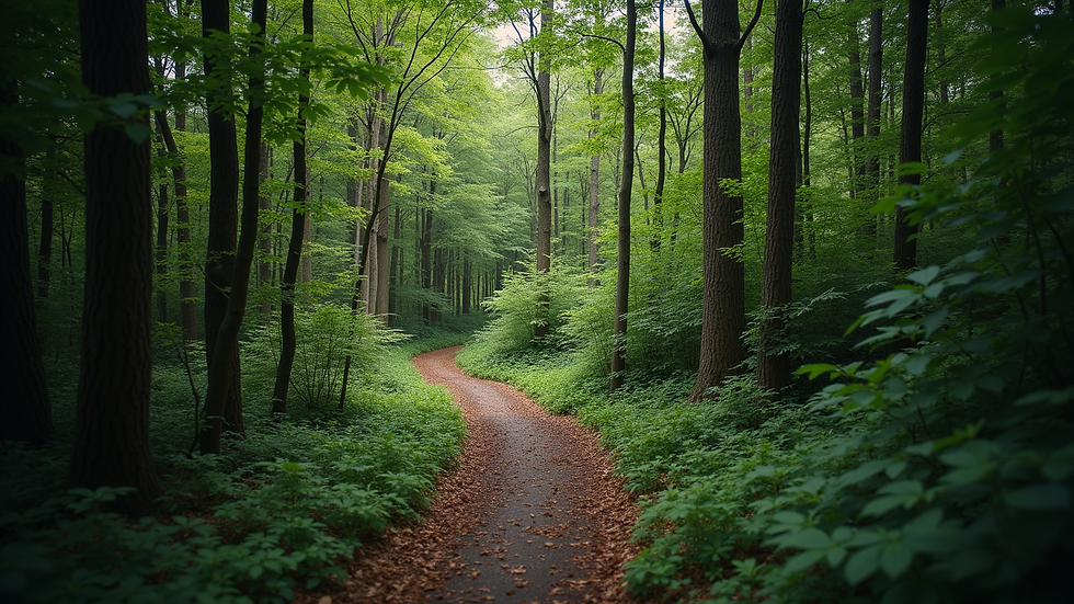 High angle view of a winding forest path symbolising a spiritual journey