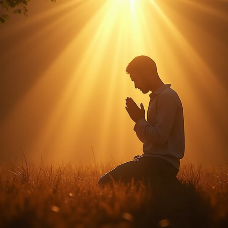A person is kneeling in prayer, bathed in divine light, symbolizing the victory over sin through faith.