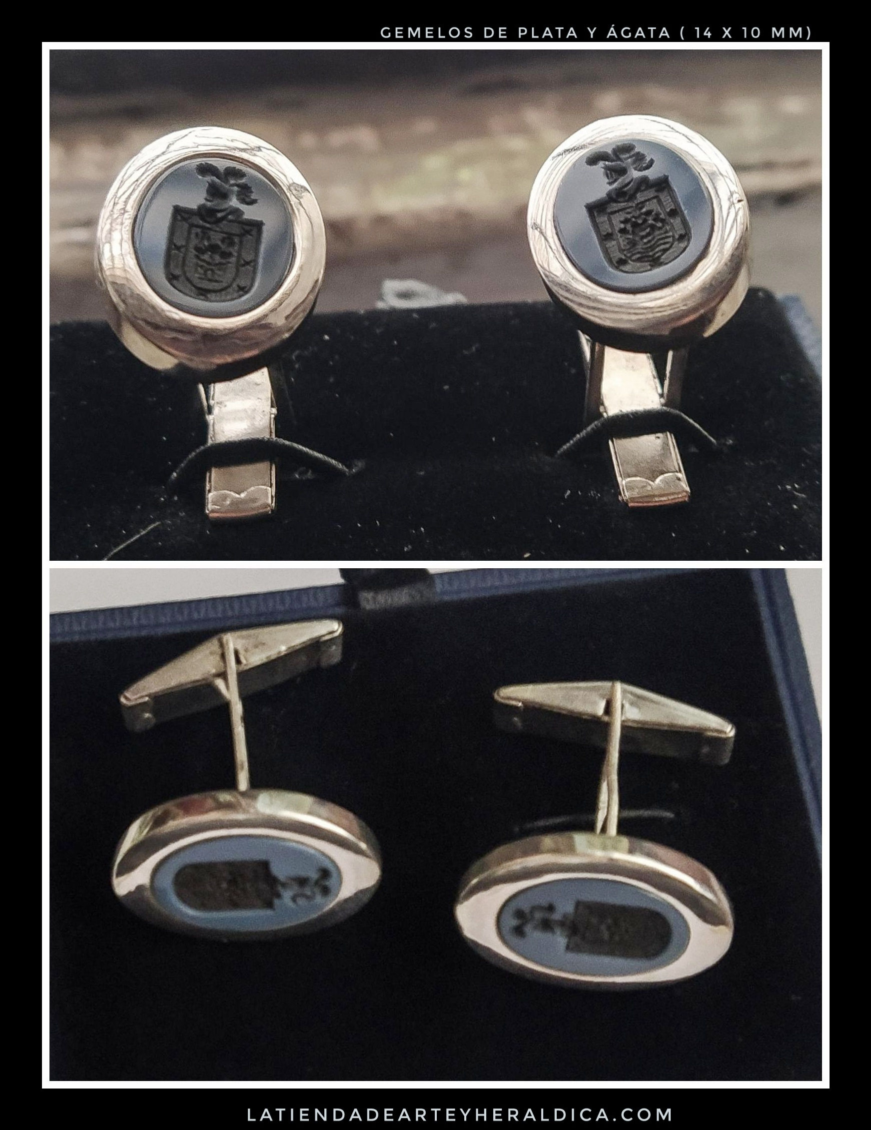 Gemelos de plata con escudos en ágata grabada (14 x 10 mm)