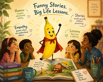 Illustration of children listening to a brave banana character while learning about courage, empathy, kindness, and emotional growth through storytelling.