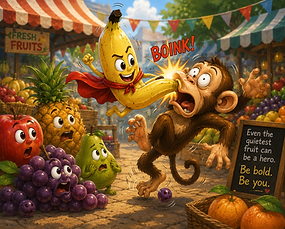 Brave Banana courageously leaps through the air and bumps the monkey on the nose while the frightened fruits watch in surprise at the busy fruit market.
