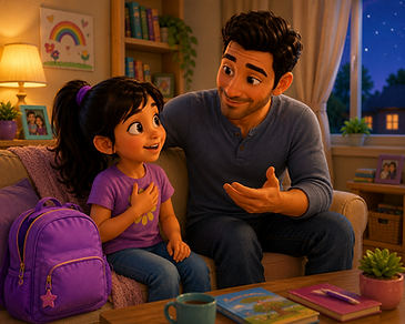 Luna and her father search together in the workshop, sharing a caring moment in the children's story "Luna's Lost Star."