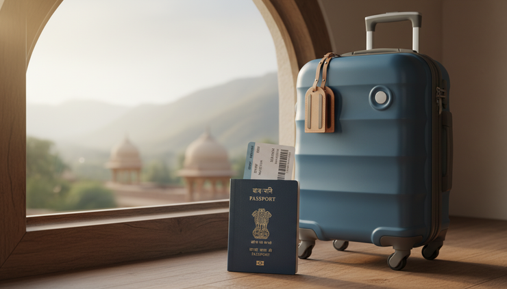 Wide-angle view of a passport beside a small travel suitcase near a window