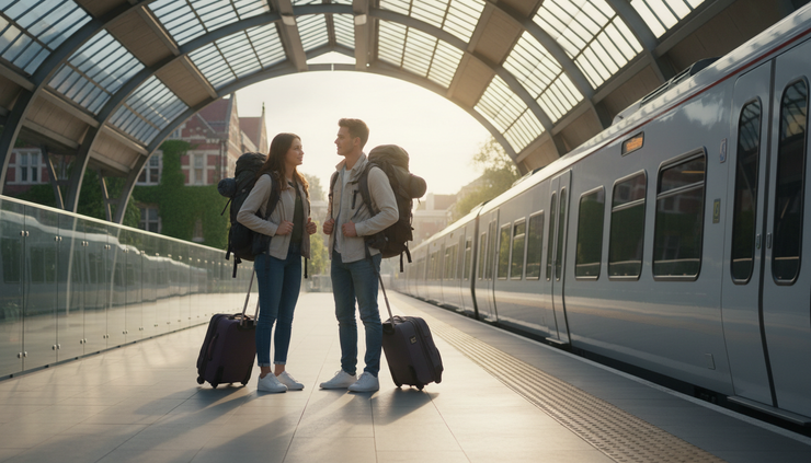 Wide-angle view of students standing near a train platform with luggage before travelling to university