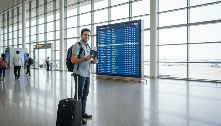 Wide-angle view of an Indian traveller holding a passport near an airport departure board