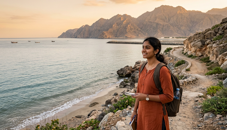 Wide-angle view of a student standing near Ras Al Khaimah coastline with a backpack.