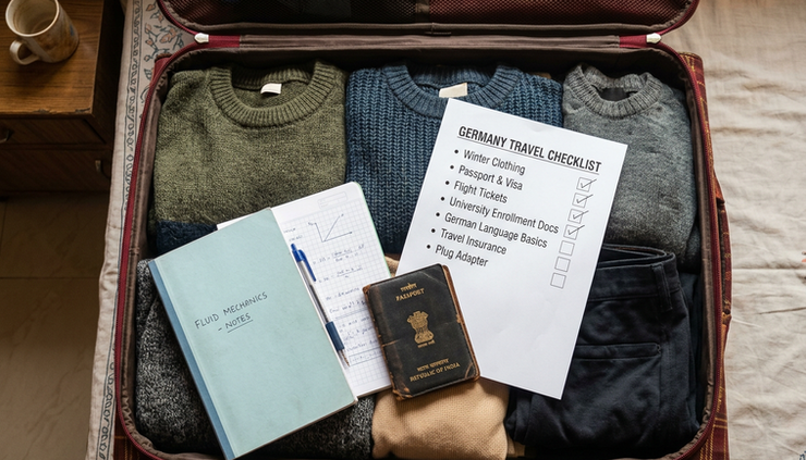Overhead view of a student suitcase with winter clothes and a Germany travel checklist