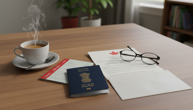 Eye-level view of a passport, bank passbook, and university admission letter placed beside a cup of tea.