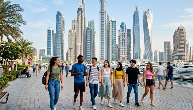 Wide-angle view of students walking through a modern public area in Dubai with city towers in the background.