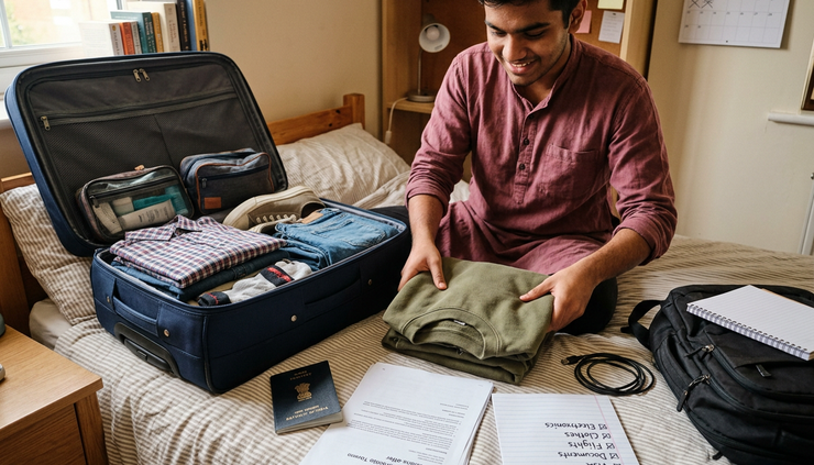 Close-up view of a student packing a suitcase with travel documents and a passport on a bed.
