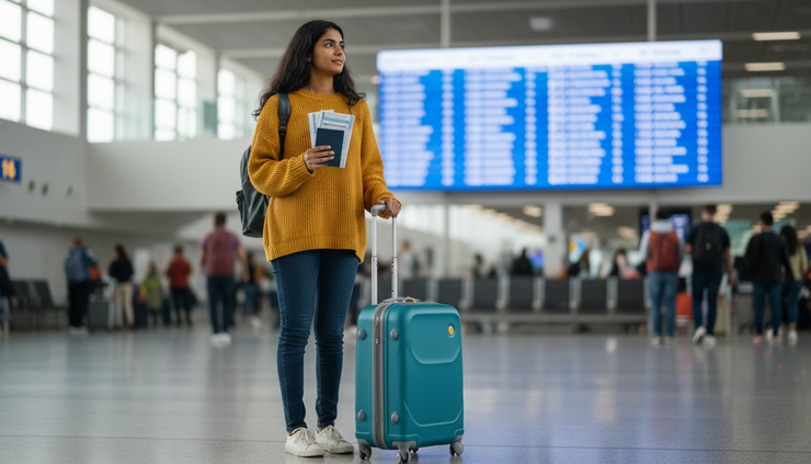 Wide-angle view of an Indian student holding a suitcase near an airport departure board.