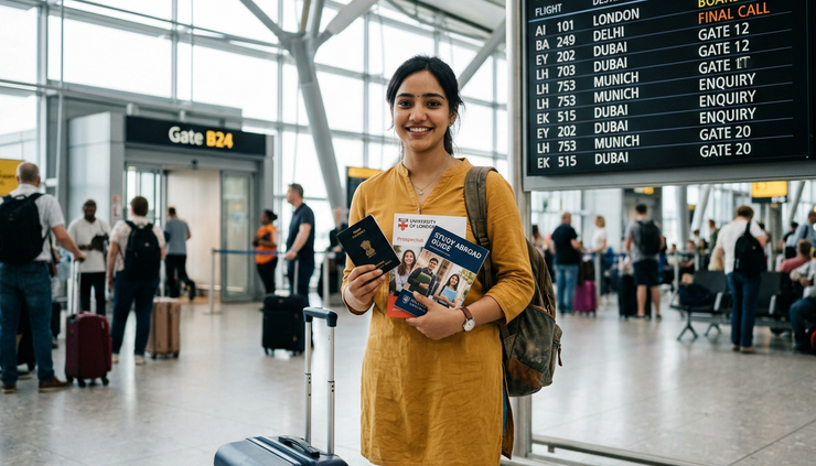 Wide-angle view of an Indian student holding a passport and university brochures near airport departure boards