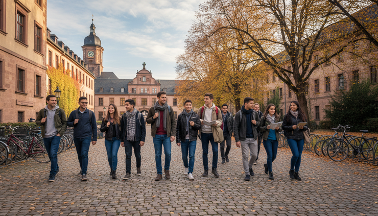 Wide-angle view of students walking across a German university campus.