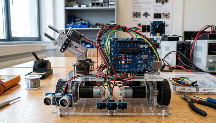 Close-up view of a robotics lab module with sensors and circuit components