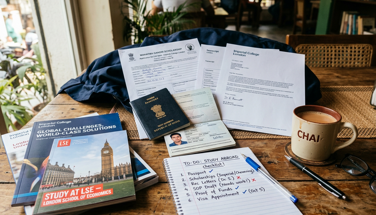 Close-up view of scholarship application documents, a passport and handwritten notes on a café table