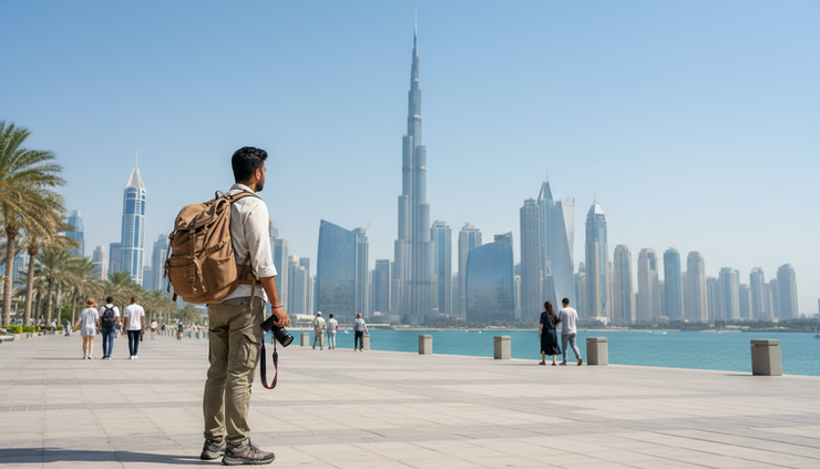 Eye-level view of a traveller looking at Dubai’s skyline from a waterfront promenade.