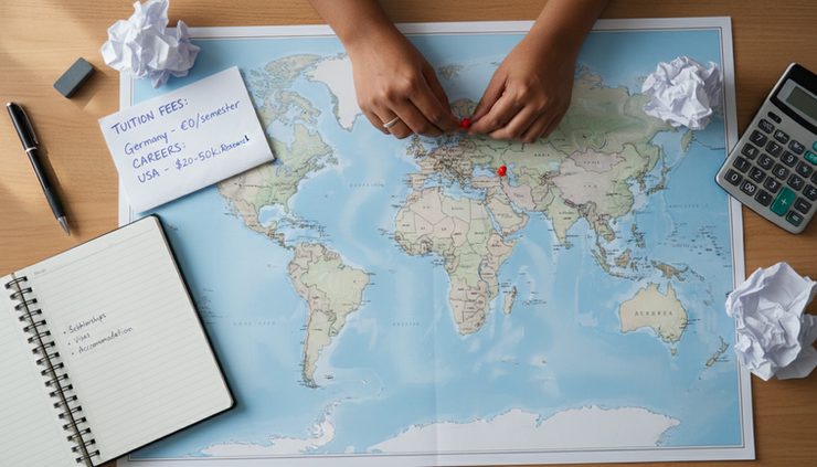 Overhead view of a student marking Germany and the United States on a printed world map