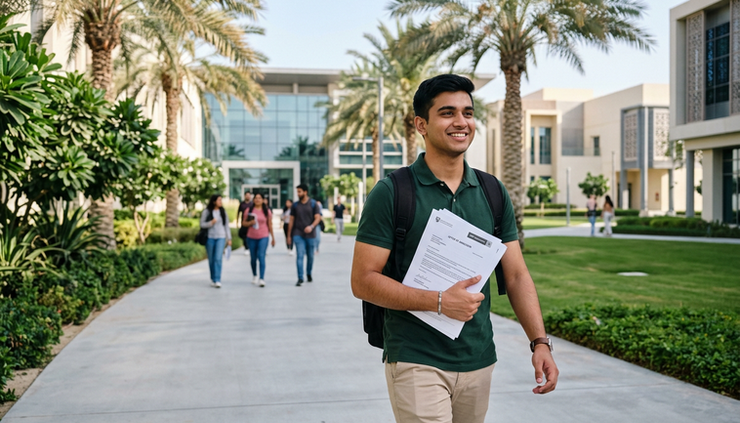Eye-level view of a student holding admission papers near a university walkway in the UAE.