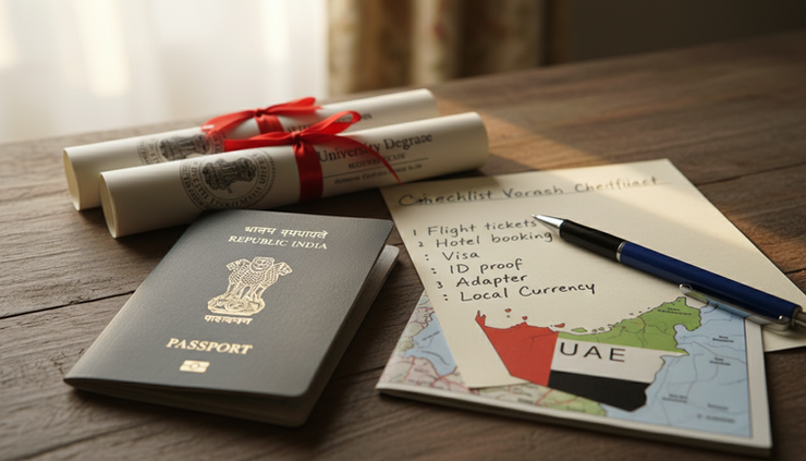 Close-up view of an Indian passport beside education certificates and a travel checklist