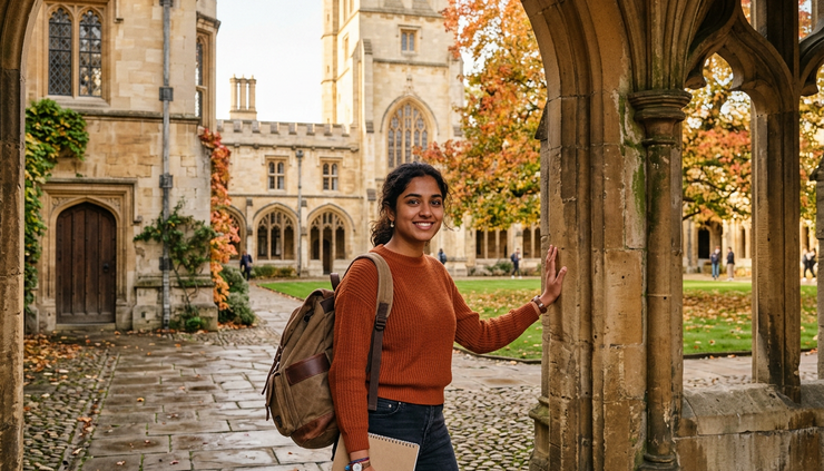 Eye-level view of an Indian student standing with a backpack beside a European university courtyard