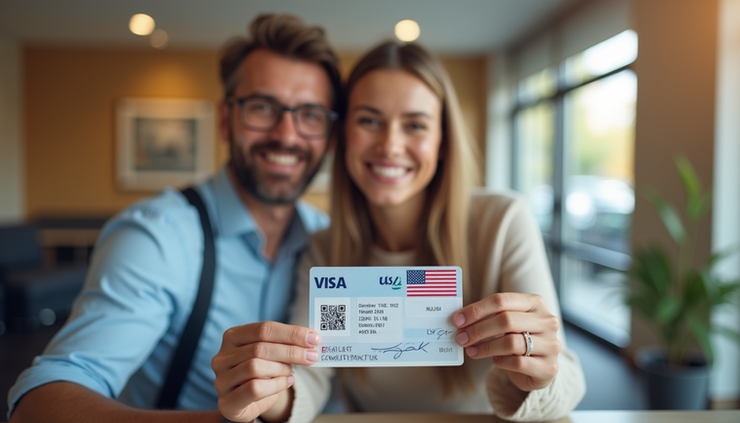 Eye-level view of a couple holding their approved USA visit visa at a visa consultancy office in Vizag