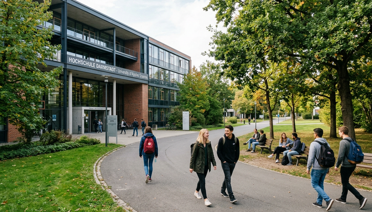 Wide-angle view of a German university building beside a green student walkway
