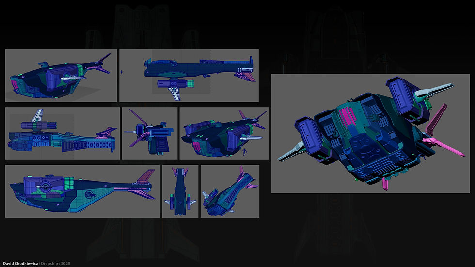 Dropship complete, with all materials assigned and all parts mirrored and separated ready for texturing.