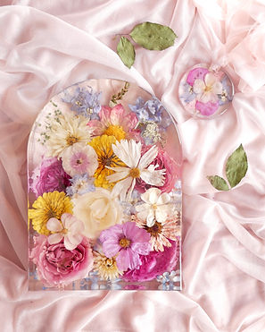 colorful wedding bouqet preserved in resin arch and ornament