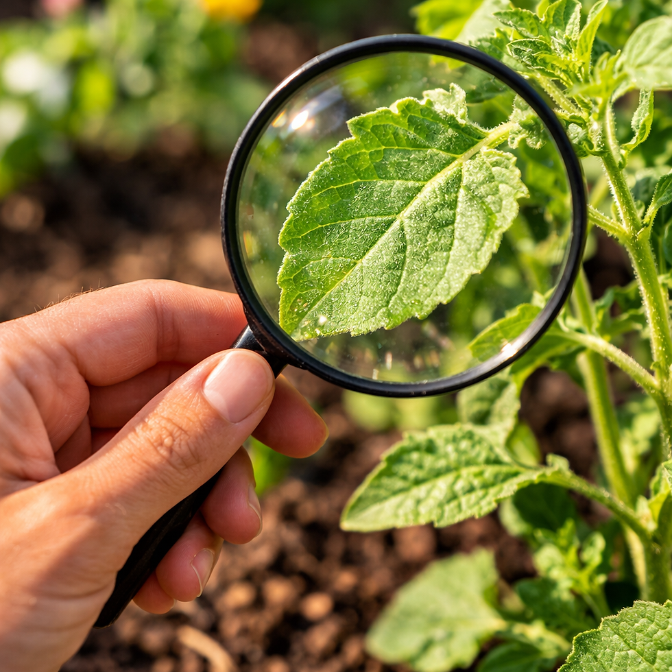Hand holding a magnifying glass over a vibrant green leaf in a garden, enhancing leaf texture and veins. Sunlit soil in the background.