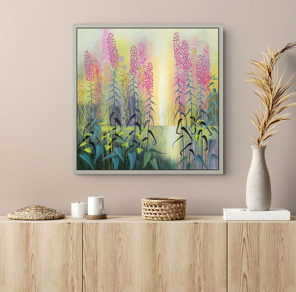 Beside Still Waters original acrylic painting floral lake art flowers and reflections by Rebecca Vincent