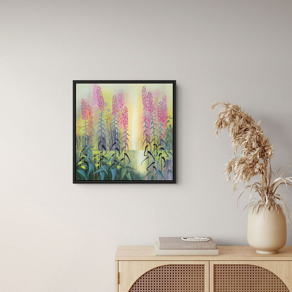 Thumbnail: Beside Still Waters original acrylic painting floral lake art flowers and reflections by Rebecca Vincent