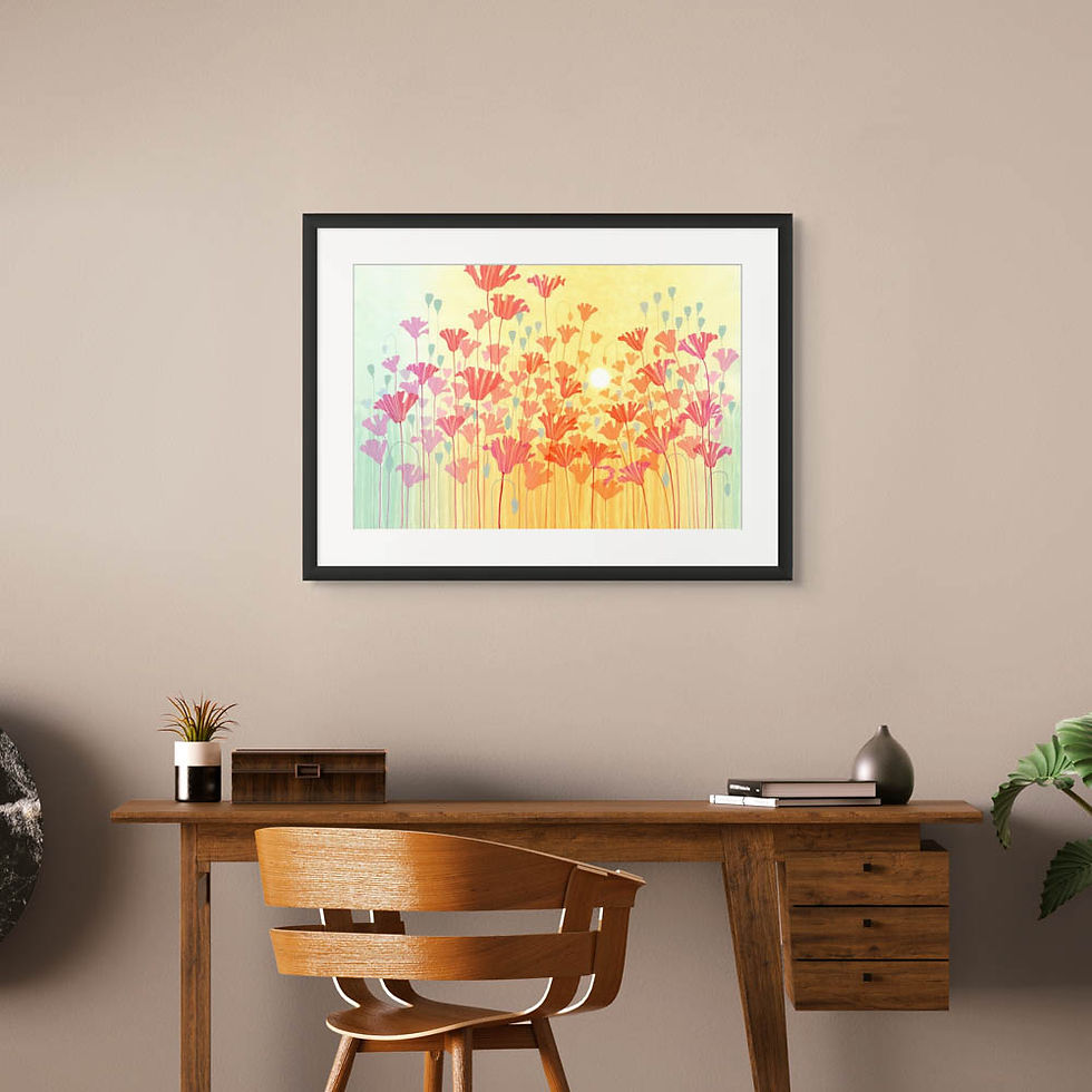 Thumbnail: Rebecca Vincent Dancing Poppies monotype painting drift of poppies flower garden poppy field back lighting pink red gold