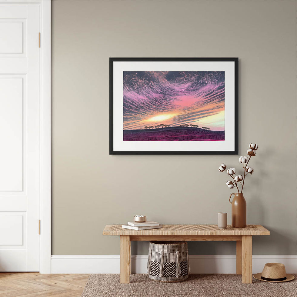 Thumbnail: Rebecca Vincent sunset sky landscape trees on horizon cirrus clouds original monotype painting