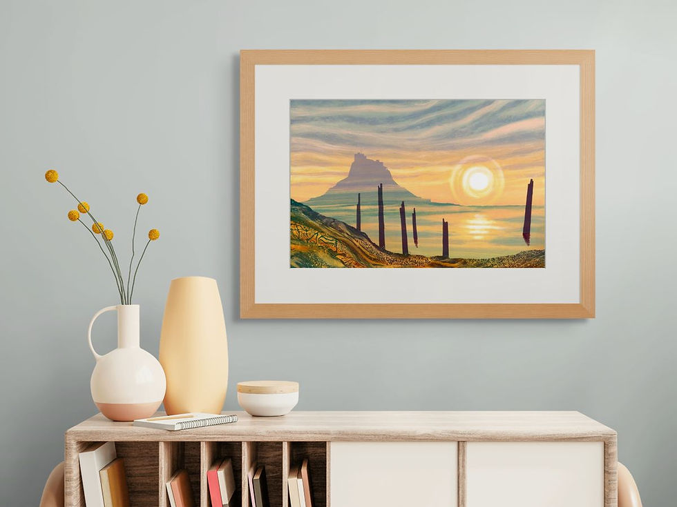 Sunrise Lindisfarne painting print by Northumberland artist Rebecca Vincent North East coast Holy Island misty