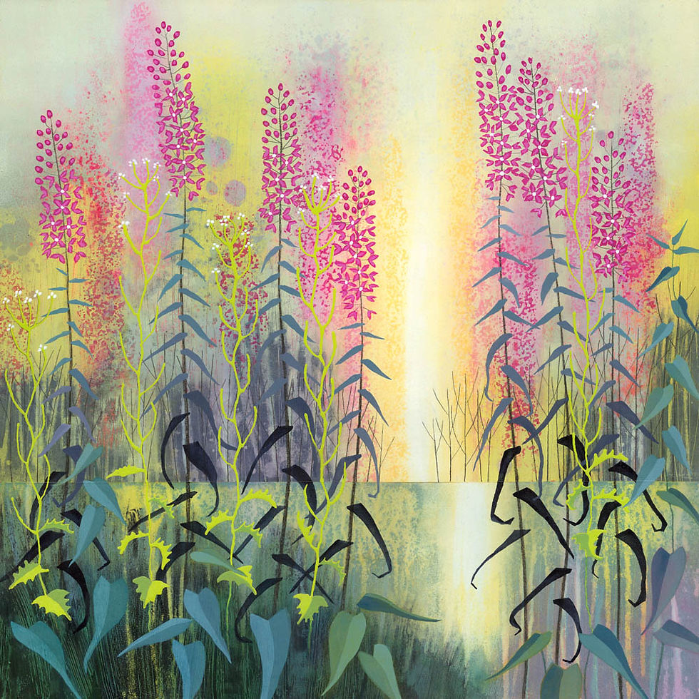 Beside Still Waters original acrylic painting floral lake art flowers and reflections by Rebecca Vincent