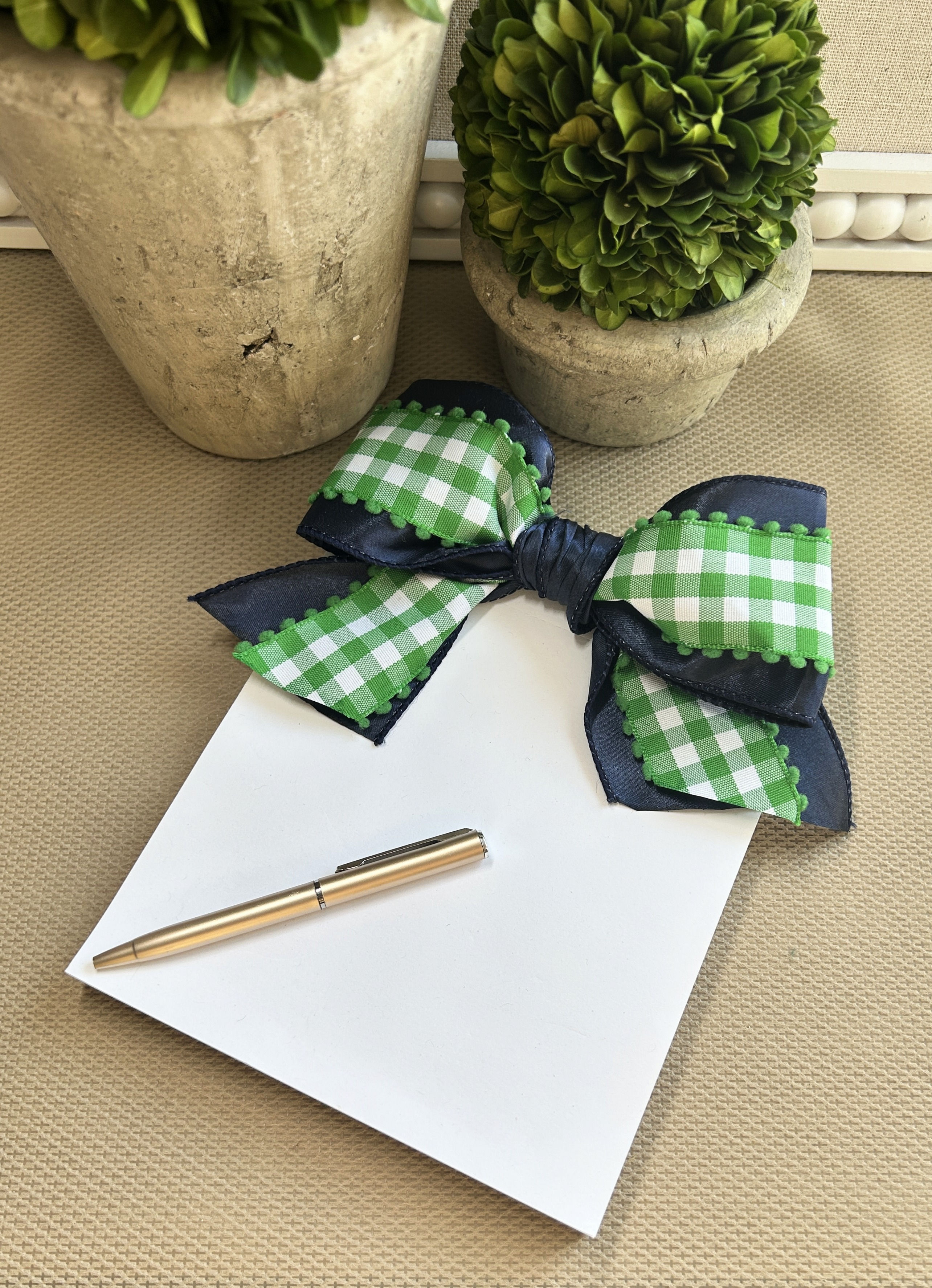 Green Gingham & Navy Ribbon Notepad